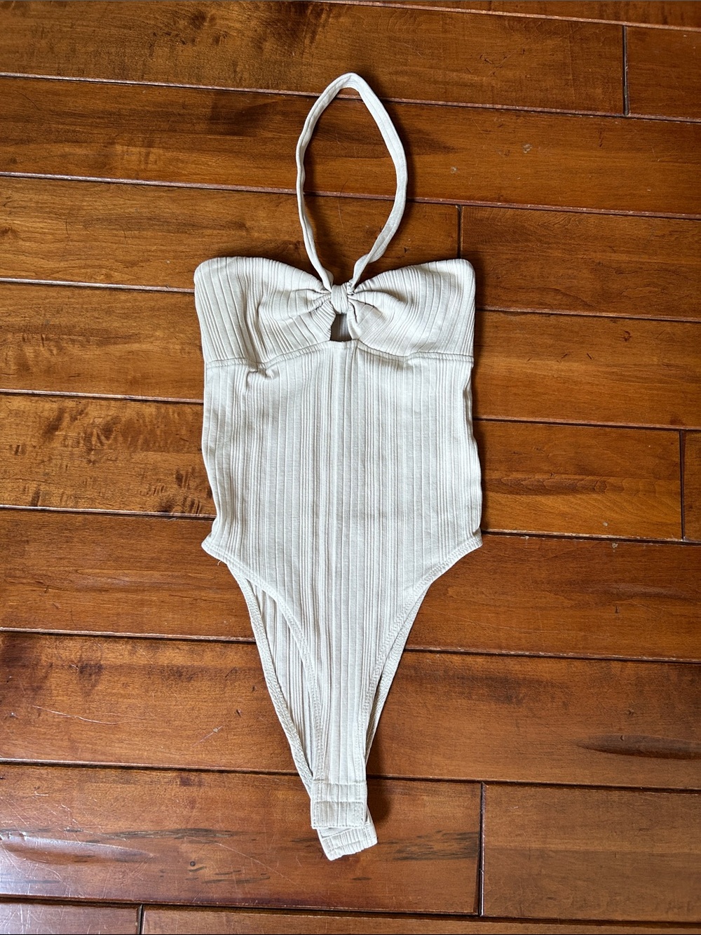 Zara Cream Ribbed Halter Bodysuit
